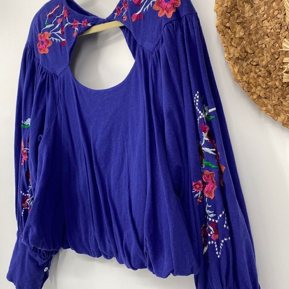 Free People Embroidered Balloon Sleeve Lita Boho Blouse Pullover Small - Picture 6 of 16